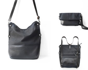 3-in-1-Tasche aus echtem Leder und schwarzem Baumwoll-Canvas, umwandelbare Tasche, Rucksack, Tasche für den Weg zur Arbeit, Tasche im urbanen Stil