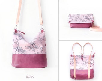 Convertible pink backpack into purse, romantic woman loving plants and roses, lightwear bag