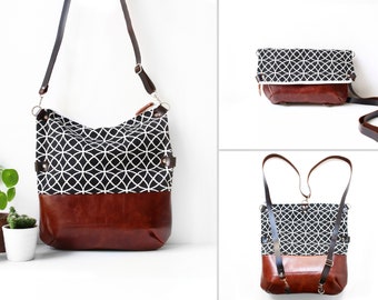 Sac à dos (cuir+tissu) transformable en sac cabas, bandoulière et sac plié. Sac motif art deco noir et blanc