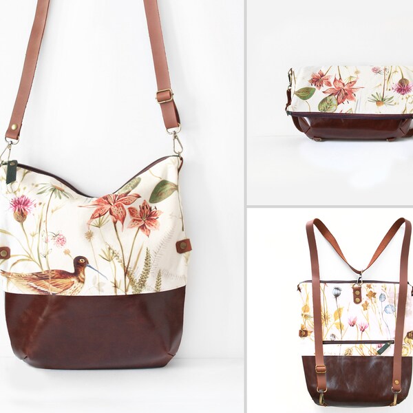 Foldover tote bag, purse converts into backpack, floral style, boho bag, vintage print bag