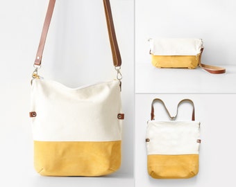 Sac- Sac à dos (cuir+tissu) transformable en sac cabas, bandoulière et sac plié. Sac couleur pastel, sac à main d'été