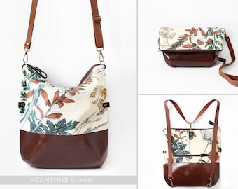 Convertible backpack into purse, leather backpack ,  Genuine leather floral bag, floral bag, botanical purse