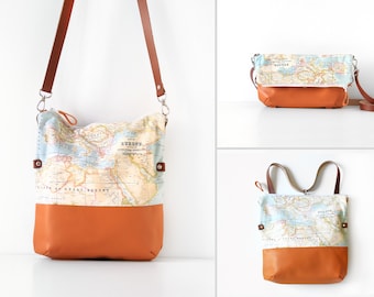 MAP_ Map convertible foldover cross body bag, tote bag and backpack, bag for travelling,