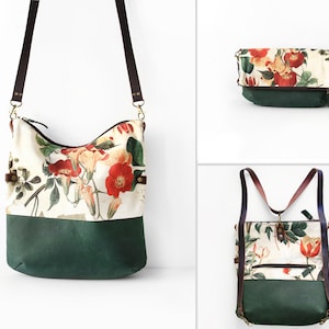 Convertible backpack into a foldover bag and tote bag, canvas backpack, convertible backpack, bag for flower lover, foldover tote,