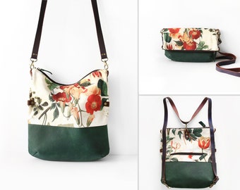 Convertible backpack into a foldover bag and tote bag, canvas backpack, convertible backpack, bag for flower lover, foldover tote,