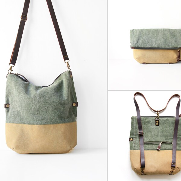 Convertible bag, foldover, cross body, tote, and backpack, bag for travelling, ocher and olive green, military green bag