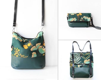 Convertible backpack into a foldover bag and tote bag, canvas backpack, convertible backpack, bag for flower lover, foldover tote,