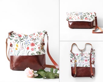 Convertible backpack into purse, leather backpack ,  Genuine leather. Capsule collection Jardins vbotaniques de Paris