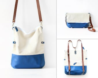 Convertible bag, foldover, cross body, tote, and backpack, bag for travelling, nature cotton and blue leather, blue bag