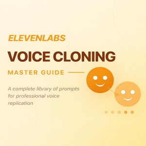 Peut inclure: Image avec le texte "ELEVENLABS VOICE CLONING MASTER GUIDE" en orange et marron. Deux cercles oranges avec des visages souriants sont présentés. Le guide promet une bibliothèque complète d'invites pour la réplication vocale professionnelle.