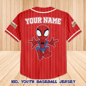 May include: Red and white baseball jersey with a cartoon Spider-Man graphic. The jersey has vertical white stripes and the text "YOUR NAME" across the back. The bottom of the jersey reads "KID, YOUTH BASEBALL JERSEY".