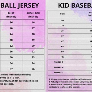 May include: Size charts for adult and kid baseball jerseys. The adult chart includes sizes S to 6XL, with measurements in inches for length, bust, and shoulder. The kid chart lists sizes from 6M to Youth L, also in inches.