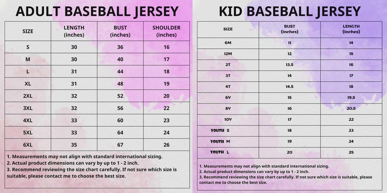 May include: Size charts for adult and kid baseball jerseys. The adult chart includes sizes S to 6XL, with measurements in inches for length, bust, and shoulder. The kid chart lists sizes from 6M to Youth L, also in inches.