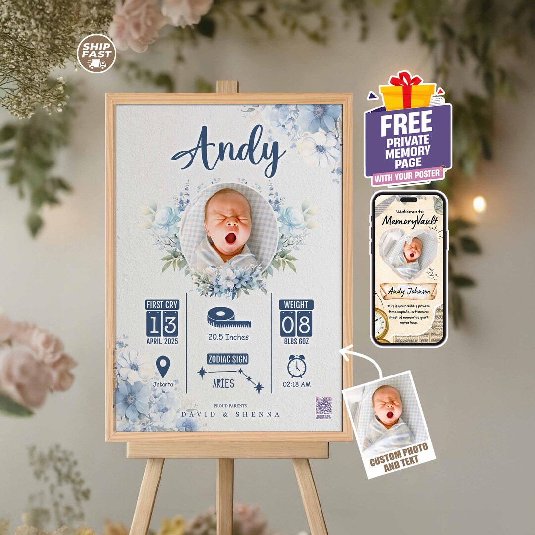 Custom Floral Newborn Poster, Personalized Baby Birth Stats Wall Art ...