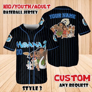 May include: Black baseball jersey with blue pinstripes, featuring the text "MOANA 2" and "00". The jersey has a cartoon graphic of characters from the movie Moana. The text "KID/YOUTH/ADULT BASEBALL JERSEY" and "CUSTOM ANY REQUEST" are also visible.