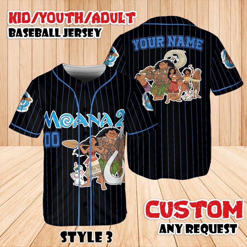 May include: Black baseball jersey with blue pinstripes, featuring the text "MOANA 2" and "00". The jersey has a cartoon graphic of characters from the movie Moana. The text "KID/YOUTH/ADULT BASEBALL JERSEY" and "CUSTOM ANY REQUEST" are also visible.