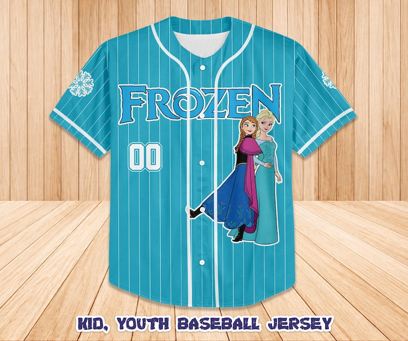 May include: A turquoise baseball jersey with white pinstripes, featuring the word "FROZEN" in blue, the number "00", and images of two characters. The jersey has white accents and the text "KID, YOUTH BASEBALL JERSEY" at the bottom.