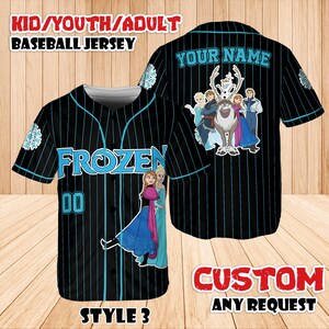 May include: Black baseball jersey with blue pinstripes, featuring the word "FROZEN" in blue, the number "00", and images of characters from the movie. The back of the jersey has the text "YOUR NAME" and a graphic of characters. The text "KID/YOUTH/ADULT BASEBALL JERSEY" is at the top.