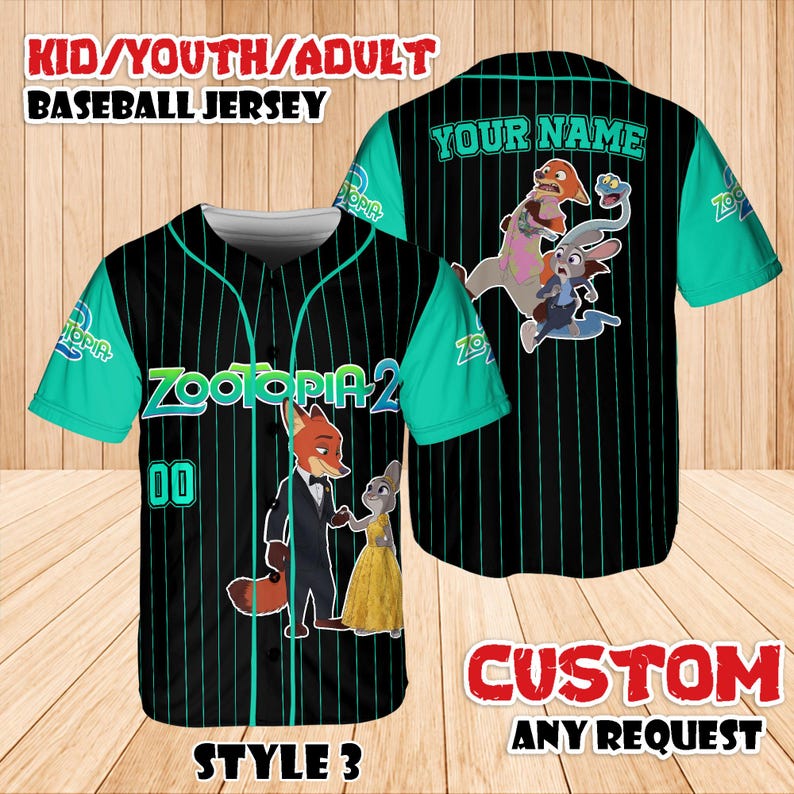 May include: Black baseball jersey with teal sleeves and pinstripes, featuring Zootopia characters and text. The front displays "Zootopia 2" and "00", while the back has "YOUR NAME". The jersey is labeled "KID/YOUTH/ADULT BASEBALL JERSEY" and "STYLE 3".