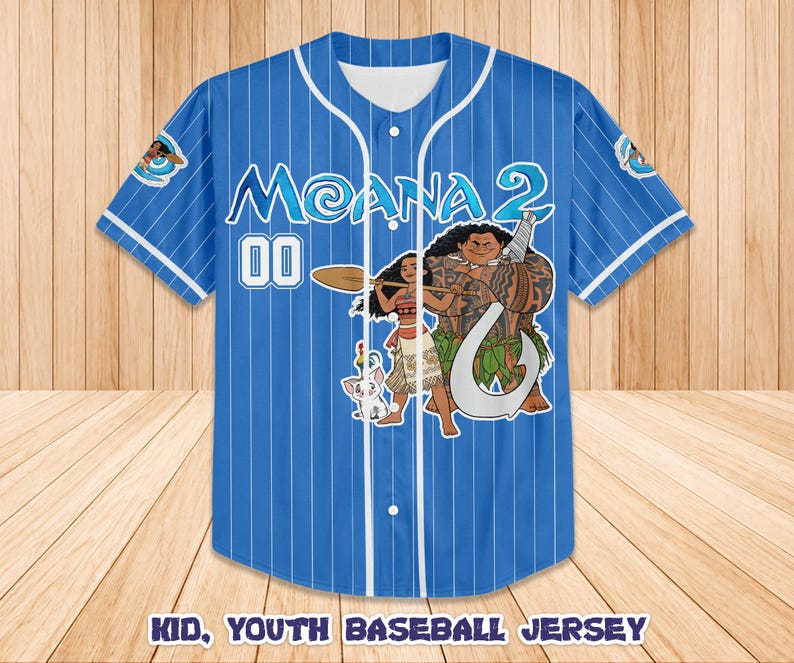May include: Blue baseball jersey with white pinstripes, featuring the text "Moana 2" and the number "00". The jersey has a graphic of Moana, Maui, and Pua. The text "KID, YOUTH BASEBALL JERSEY" is at the bottom.