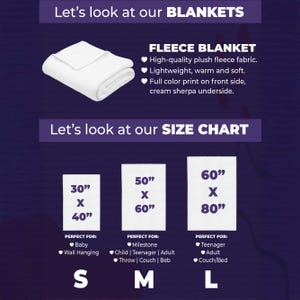 Puede incluir: Manta de forro polar blanca con tabla de tallas. La manta est&aacute; hecha de tejido de forro polar de felpa de alta calidad, ligero, c&aacute;lido y suave. La tabla de tallas muestra las tallas S (76cm x 102cm), M (127cm x 152cm) y L (152cm x 203cm).