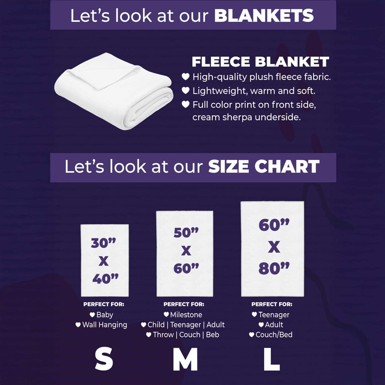 Puede incluir: Manta de forro polar blanca con tabla de tallas. La manta est&aacute; hecha de tejido de forro polar de felpa de alta calidad, ligero, c&aacute;lido y suave. La tabla de tallas muestra las tallas S (76cm x 102cm), M (127cm x 152cm) y L (152cm x 203cm).