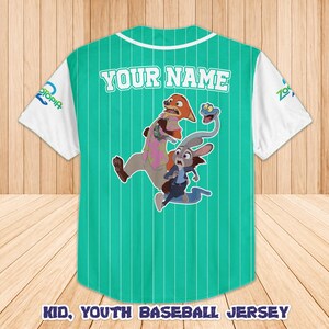 May include: A teal and white baseball jersey with the text "YOUR NAME" across the back. The jersey features a cartoon graphic of characters from Zootopia. The words "Kid, Youth Baseball Jersey" are printed at the bottom.
