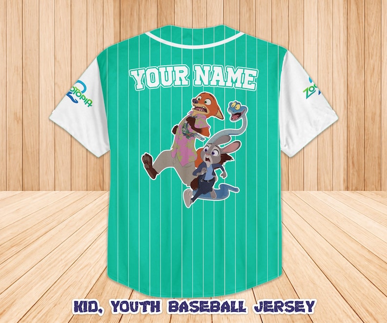 May include: A teal and white baseball jersey with the text "YOUR NAME" across the back. The jersey features a cartoon graphic of characters from Zootopia. The words "Kid, Youth Baseball Jersey" are printed at the bottom.