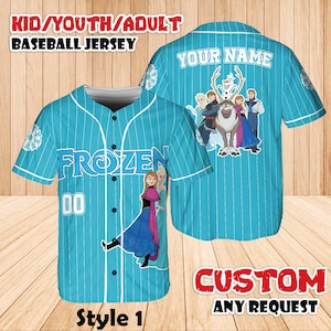 May include: A light blue baseball jersey with white pinstripes, featuring the word "FROZEN" and the number "00". The jersey has a graphic of characters from the movie "Frozen" on the front and back. Text on the jersey reads "KID/YOUTH/ADULT BASEBALL JERSEY" and "CUSTOM ANY REQUEST".
