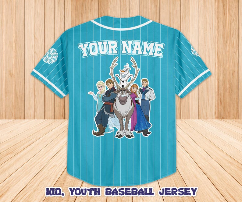 May include: A turquoise baseball jersey with white pinstripes and white trim. The back of the jersey features the text "YOUR NAME" above a graphic of characters from the movie Frozen. The text "KID, YOUTH BASEBALL JERSEY" is at the bottom.