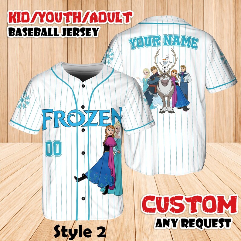 May include: White baseball jersey with blue pinstripes and the word "FROZEN" in blue. The jersey features the number "00" and images of characters from the movie "Frozen". The text "KID/YOUTH/ADULT BASEBALL JERSEY" is at the top.