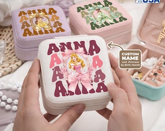 Caixa de joias personalizada para princesas: setembro, outubro, novembro, dezembro, Bela, Tiana, Aurora, Merida. Presente personalizado com nome para aniversário ou Dia das Mães.
