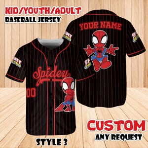 May include: Black baseball jersey with red pinstripes, featuring a Spiderman graphic. The jersey includes the text "Spidey" and "00" on the front, and "YOUR NAME" on the back. The jersey is labeled "KID/YOUTH/ADULT BASEBALL JERSEY" and "STYLE 3".