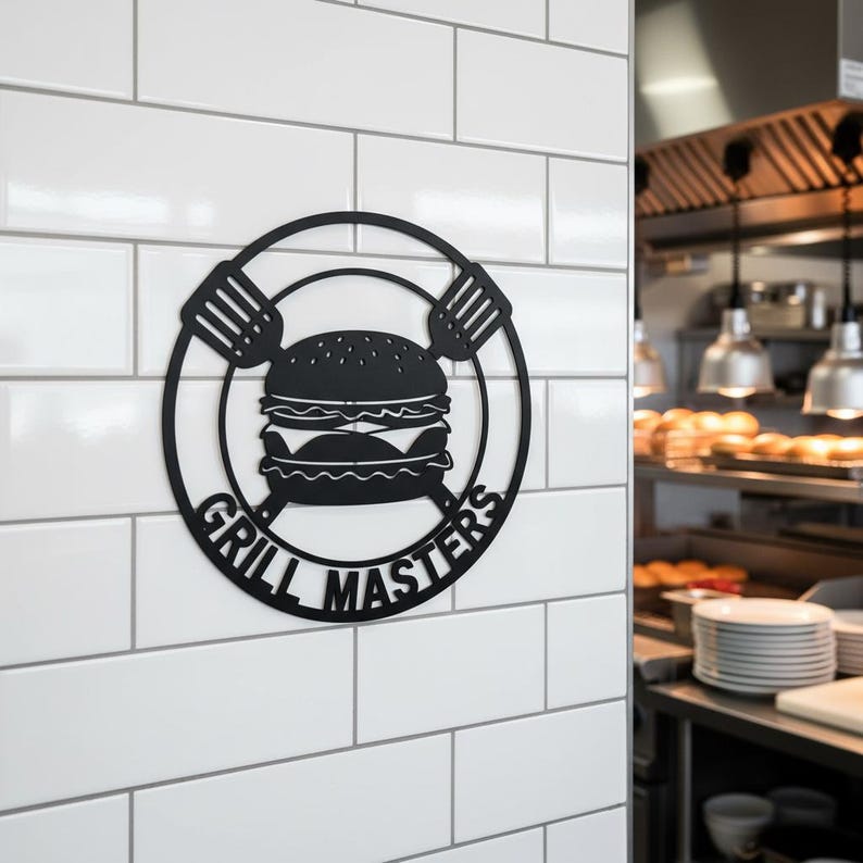 Grill Masters Metal Burger Sign - BBQ Spatula Wall Art - Backyard Grill ...