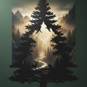 Könnte beinhalten: Eine schwarze Silhouette eines Kiefernbaums rahmt eine malerische Landschaft ein. Innerhalb des Baumausschnitts schlängelt sich ein Fluss durch einen Wald, mit Bergen im Hintergrund. Ein Hirsch und ein Kaninchen sind zu sehen. Der Hintergrund ist eine neblige, sonnige Szene.