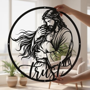 Jesus Hugging Woman Round Metal Sign, Trust Christian Wall Art, Crown of Thorns Faith Decor, Religious Comfort Gift