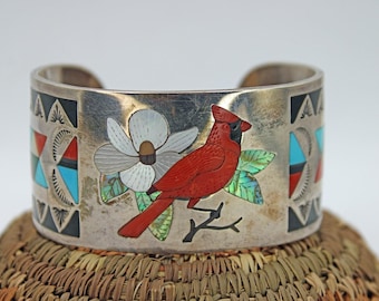 Pulsera tipo brazalete de plata esterlina tallada con incrustación de cardenal de A.D. Banteah