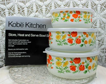 NOS 1980s VTG Kobe Kitchen Emaille Nesting Bowl Set Goudsbloem Poppy Daisy Taiwan