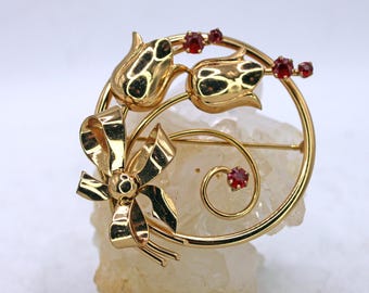 Vintage 12kt gold filled coro rode strass bloemenbroche