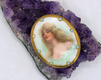 Antique Hand Painted Porcelain Portrait Cameo Gold Gilt Brooch