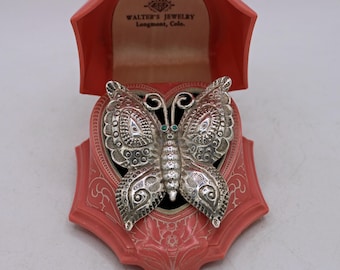 Vintage sterlingzilveren handgestempelde turkoois vlinderbroche met knopogen