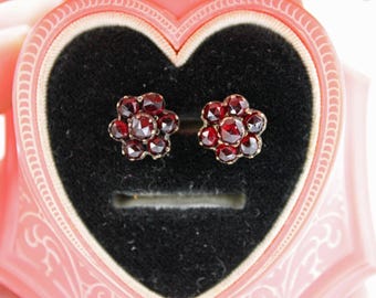 Antique Bohemian Garnet Tombac Cluster Floral Earrings