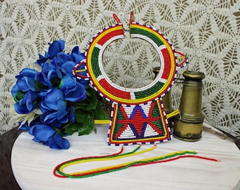Collar/collar nupcial masai de cuero y cuentas de vidrio de Kenia