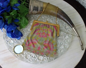 1920's bloemen geschilderde wijting en Davis metalen gaas portemonnee met spiegel