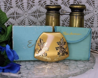 Vintage Elgin America goudkleurige bloemen geëtste compacte hoes met originele doos en hoes
