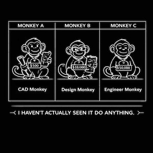 May include: Black graphic featuring three cartoon monkeys, each representing a different job role: CAD, Design, and Engineer. Each monkey has a price tag. The text "I HAVEN'T ACTUALLY SEEN IT DO ANYTHING" is at the bottom.