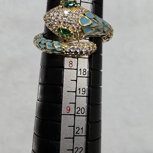Gold Snake Ring Size 7 Adjustable | Teal Enamel Serpent Ring | Emerald Eyes & Pavé CZ | Statement Wrap Ring | Bold Jewelry Gift
