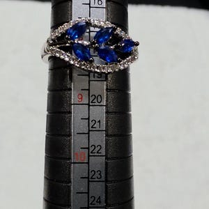Size 8 Blue Sapphire Ring | White Gold Lab Created Sapphire & AAA CZ Halo Ring | September Birthstone | Vintage Style Statement Ring