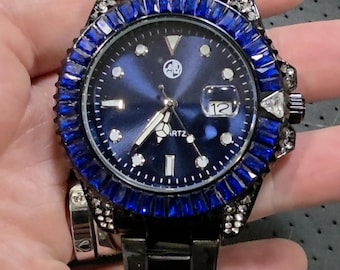 Iced Out Blue Bezel Watch Mens 47mm Black Stainless Steel Watch, Hip Hop Style Watch, Diamond Look CZ Bezel, Statement Watch Gift for Him