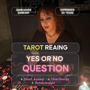 Puede incluir: Imagen de una mujer pelirroja sosteniendo cartas del tarot. Los textos superpuestos dicen "TAROT REAING", "YES OR NO QUESTION", y "Direct Answer, Clear Energy, Honest Insight". Texto adicional dice "SAME HOURS SAME DAY" y "EXPERIENCE 35+ YEARS".